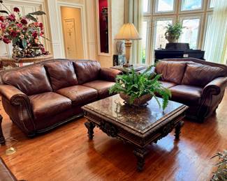 Leather sofa and loveseat with nailhead trim