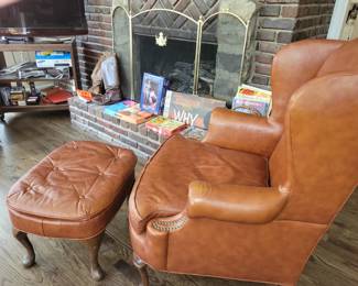 Leather wingback chair & ottoman