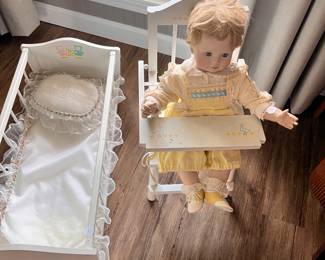 Porcelain Doll with High Chair and Crib $50