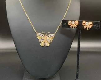 Stamped AU 10K Gold Butterfly Necklace With 120 12K GF Van Dell Vintage Bow Screwback Earrings