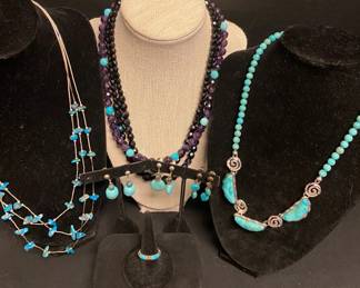 Turquoise Black Toned Beaded Necklaces Earrings Ring