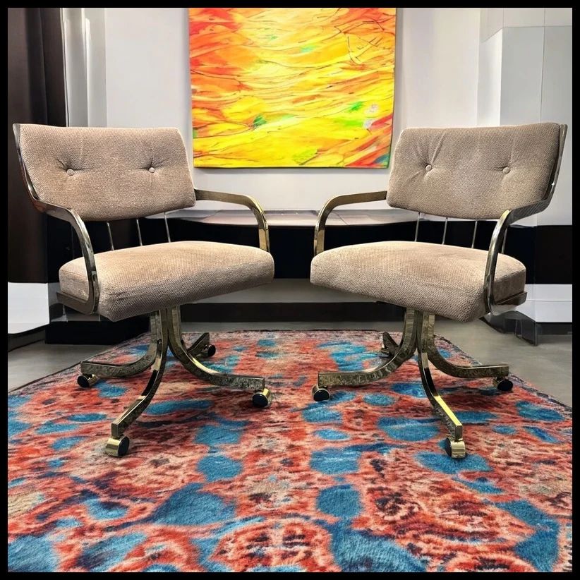 ON SALE FOR $125! Set of 2 Vintage 1980’s American Hollywood Regency Chromcraft Brass Style Metal/Beige Upholstered Rolling Accent Armchairs!