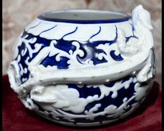 ON SALE FOR $150! 1885 English Victorian Royal Worcester Porcelain Japanesque Style Porcelain Brush Washer Form White/Cobalt Blue Raised Relief Dragon Motif Small Rotund Vase!