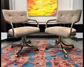 ON SALE FOR $125! Set of 2 Vintage 1980’s American Hollywood Regency Chromcraft Brass Style Metal/Beige Upholstered Rolling Accent Armchairs!