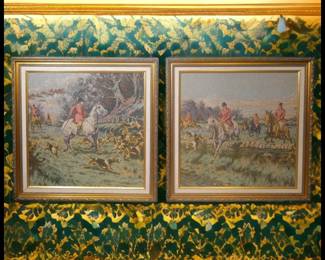 ON SALE FOR $100! Pair of Vintage French Hunting Scene Framed Tapestries from 1984 New Orleans World's Fair!