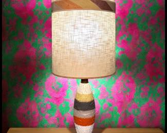 ON SALE FOR $112.50! Vintage 1950’s American Mid Century Modern FAIP Plaster/Teak Striped Base Table Lamp!