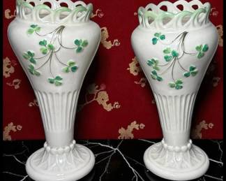 ON SALE FOR $125! Pair of 1891-1926 Irish Belleek Porcelain Pierced Shamrock Vases (2nd Mark)!
