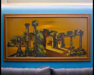 ON SALE FOR $125! Vintage 1960’s American Mid Century Modern Greek Ruins Framed Oil Painting on Board Signed Nichace!