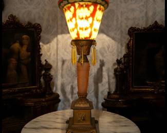 ON SALE FOR $137.50! Circa 1920 American Art Deco Gilded Metal Lion's Paw Foot/Pink Frosted Glass Base Torchiere Table Lamp with Reverse Painted Frosted Glass Shade and Topaz Glass Hanging Prisms!