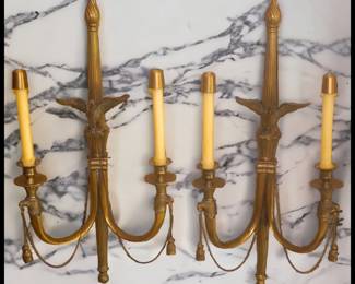 ON SALE FOR $200! Pair of 1980's American Federal Style Gilt Brass Eagle/Torch Candelabra Sconces!