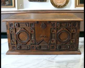ON SALE FOR $150! Circa 1880 English Victorian Polychrome Oak Iron Handled Six-Plank Coffer Chest!