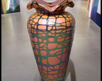 ON SALE FOR $137.50! Vintage 1995 Stuart Abelman Art Glass Contemporary Style Iridescent Pink Silver Webbed Overlay Ruffled Edge Baluster Vase (California)!