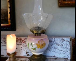 ON SALE FOR $62.50! Late 19th Century American Victorian Floral Motif Painted Opaline Glass/Gilt Brass Clawfoot Base Oil Lamp with Glass Floral Motifs Ruffled Edge Shade!
