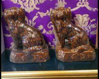 ON SALE FOR $125! Pair of Circa 1860 American Stoneware Pottery Rockingham Glaze Spaniel Doorstops/Mantel Dogs!