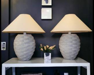 ON SALE FOR $175! Pair of Vintage 1980's American Sunset Lamp Company Postmodern White Ceramic Gray Speckled Stacked Beehive Table Lamps!