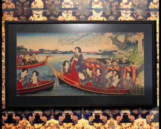 ON SALE FOR $175! Late 19th Century Japanese Chikanobu "Pleasure Boat Outing" Framed Set of 3 Triptych Ukiyo-e Woodblock Prints (Meiji Period)!