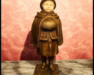 ON SALE FOR $150! Joseph Le Guluche - Girl in Cape Gilt Bronze/Ivory Sculpture (France) (Circa 1890)!