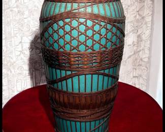 ON SALE FOR $187.50! Circa 1930 Japanese Kyoto Awaji Pottery Turquoise Split-Bamboo Wrapped Baluster Vase (Early Showa Period)!