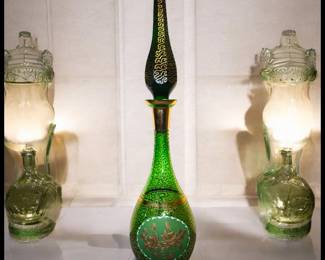 ON SALE FOR $125! Vintage Mid 20th Century Bohemian Emerald Green Glass Wurmlinien Decorated Roses Floral Motif Decanter with Large Faceted Pointed Stopper!