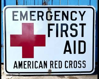 ON SALE FOR $187.50! Late 1940’s Post World War II-Era American Red Cross Emergency First Aid Porcelain Enamel Metal Sign!