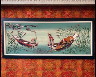 ON SALE FOR $137.50! Vintage 1970's Vietnamese Fisherman in Boats Framed Oil Painting on Board by Tung Lin!
