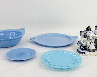 Blue Delphite Bowl and Trays and Porcelain Figure