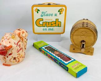 Fitz & Roy Bank. Wood Whiskey Barrel Dispenser and Crush Vintage Lunchbox