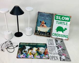 Metal Signs and Cordless Table Lamps