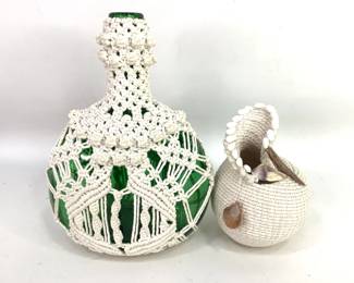 Macrame Wrapped Bottle & Woven Basket