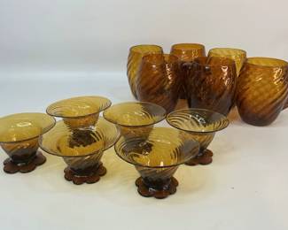 Amber Blown Glass Mugs & Footed Dessert Bowls
