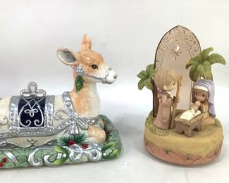 Fitz & Floyd Holiday Deer Butter Dish & Precious Moments Musical Nativity
