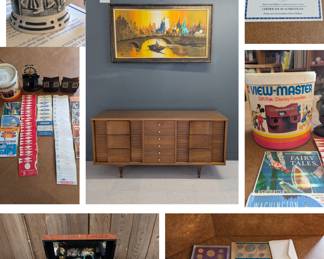 Costume Jewelry, Coins, Vintage MCM Glassware, Teak Dresser w/Laminate Top, ViewMaster FUN and MUCH MORE!