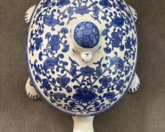 Bombay Co Large Blue and White Chinoiserie Ceramic Turtle Tureen