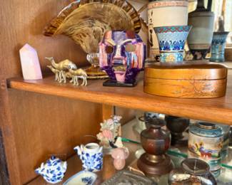 vintage tiny brass camels, blue and white, pottery, boxes, glass basket