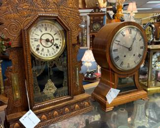 Antique Gilbert Calendar Clock with barometer and thermometer 81 day key wind American Golden Oak Case, circa 1912. We have a whole clock area in Red Queen's with a generational clock master who restores and repairs many old pieces.