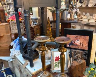 large vintage candlesticks, old suitcase, horse head statuary