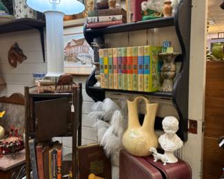 Vintage suitcase, book collections, lamp, pottery, statuary