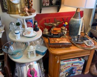 lamps, collectible dolls, 3 tiered shelf