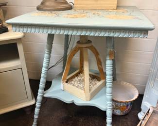 Vintage Blue Shabbied Spool Legged Table decopauged with beautiful bird motif with lower shelf