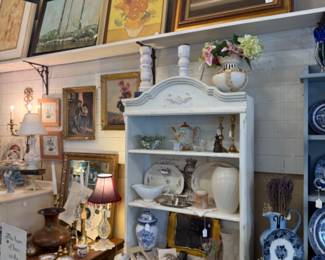 framed floral art, pottery, lamps, pottery