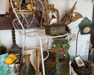 metal chair, vases, butterfly items and framed art