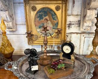 gorgeous silver footed tray, clock, antique framed art