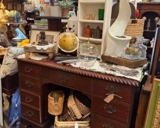 vintage desk, glove, baskets