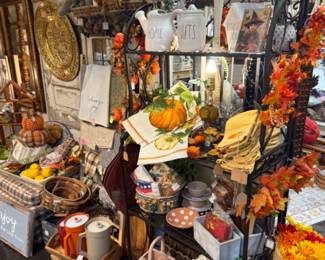 fall decor, brass hanging plates, vintage pitchers