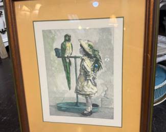 Hand colored early 20th century watercolor framed & matted reproduction of the original Little Girl with Parrot