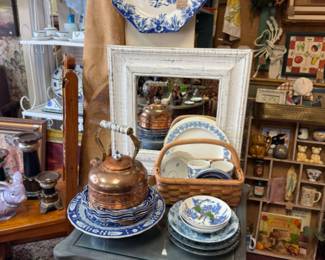 blue and white, beautiful old copper teapot with ceramic handle, vintage frame, kitchen ware