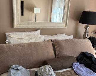 Mirror , queen bed , linens , shams