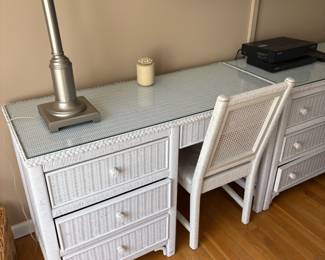 Wicker desk and glass top with chair