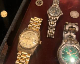 His and her green face tag Heuer replicas from a similar era, but slightly lower quality as a fair amount of the gold finish on the man’s has worn off. Did not put batteries in these functionality unknown.