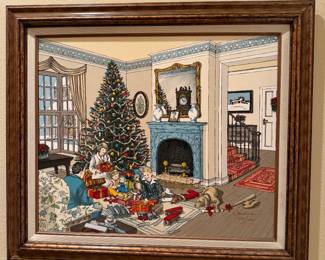 H Hargrove framed serigraph oil painting on canvas Xmas tree #438/1000 24”x20”